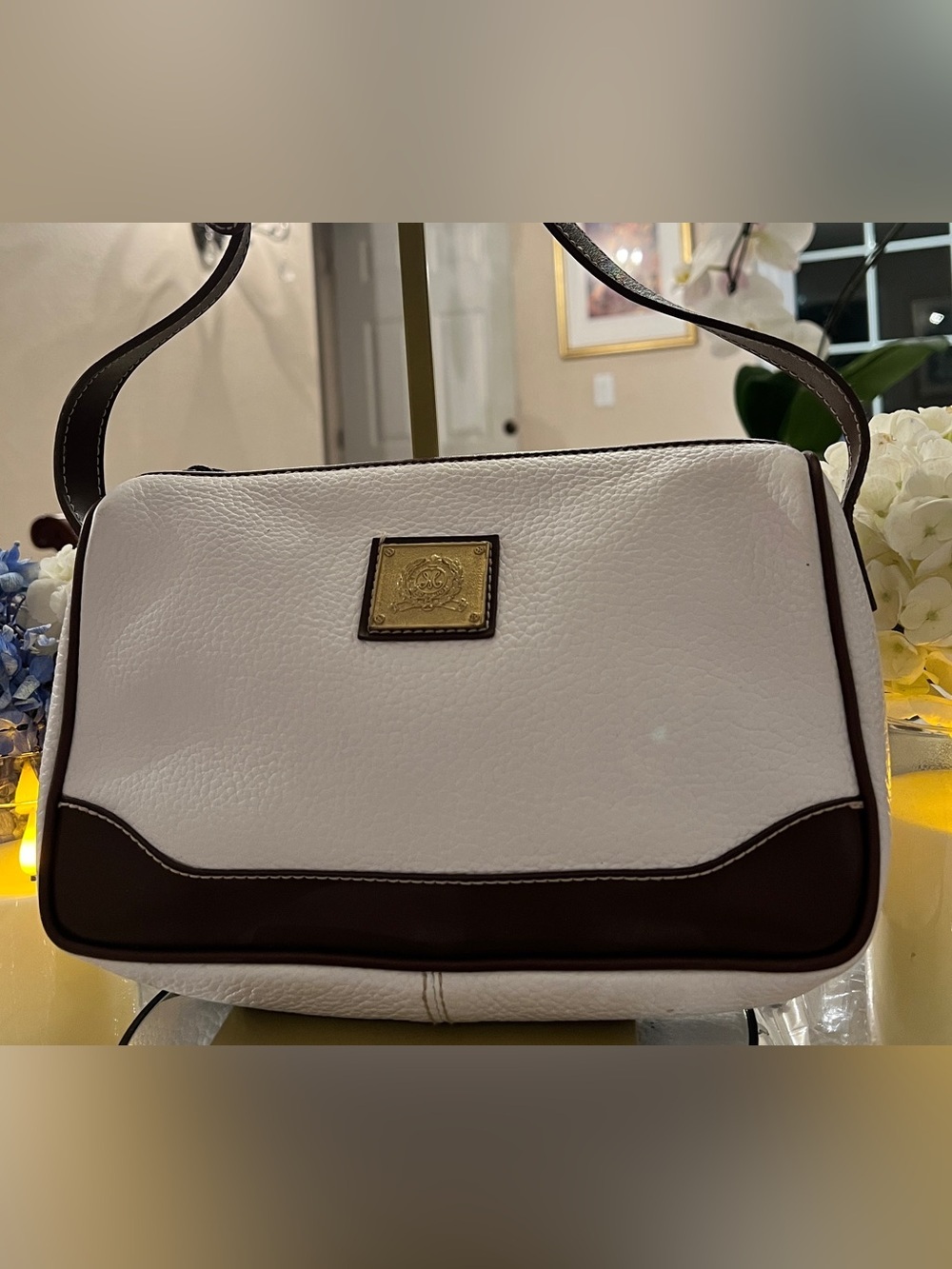 Medallion White Pebbled Leather Brown Trim Shoulder Bag